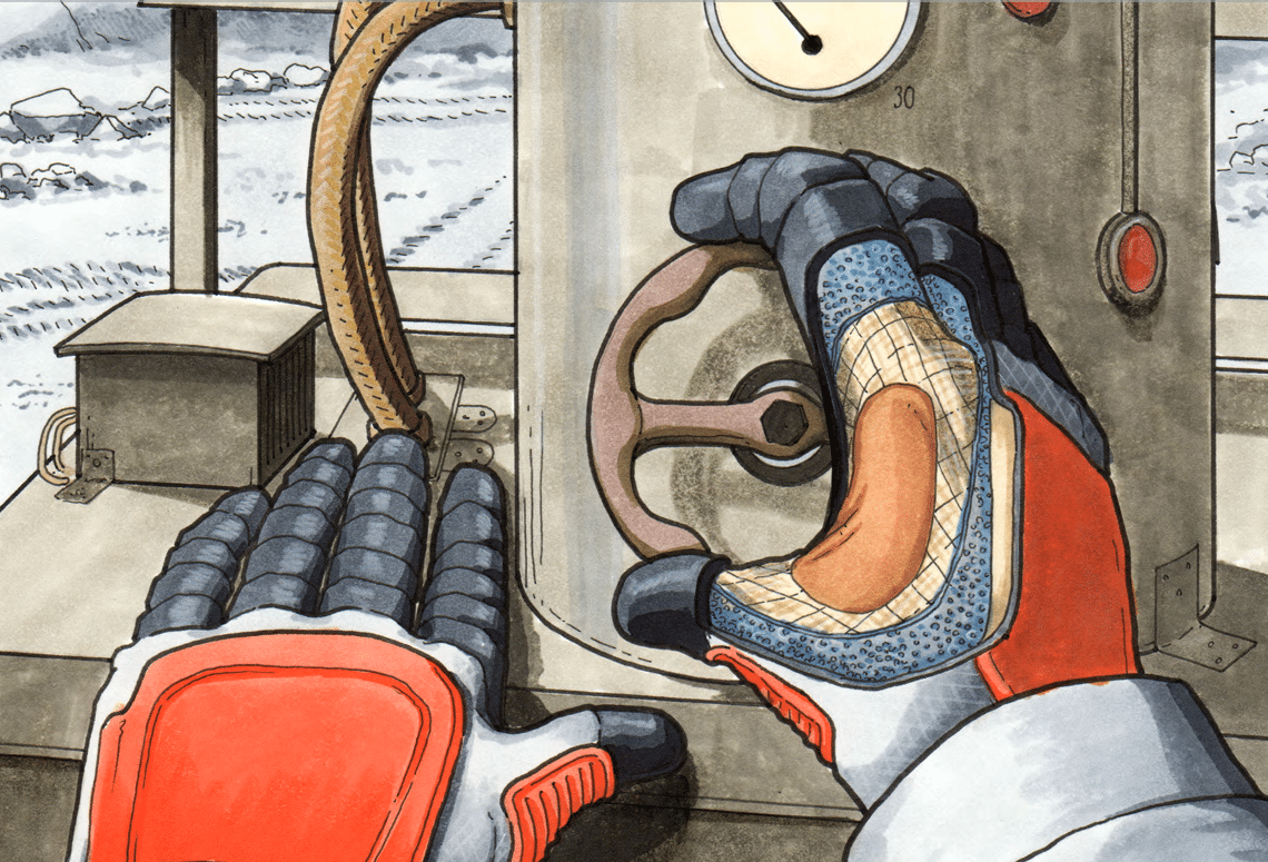 illustration of an astronaut's gloved hands turning a dial on a spaceship